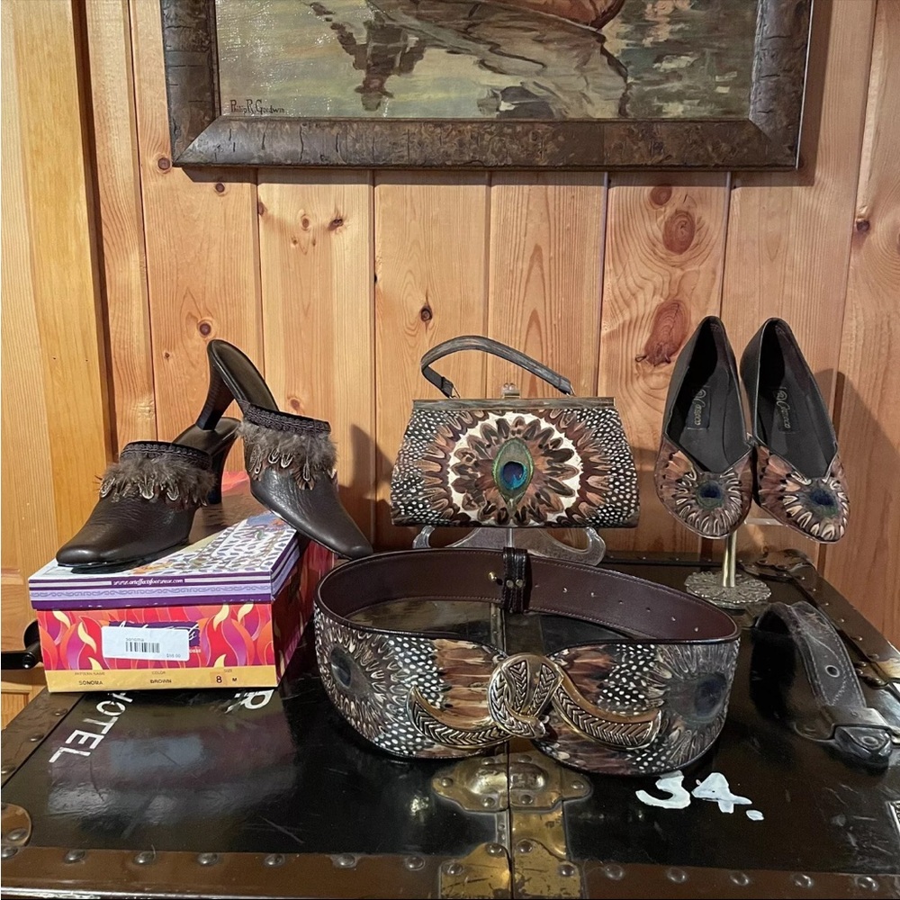 VINTAGE Peacock Feather Handbags, Belt, and 2 Pairs of Shoes~~Beautiful